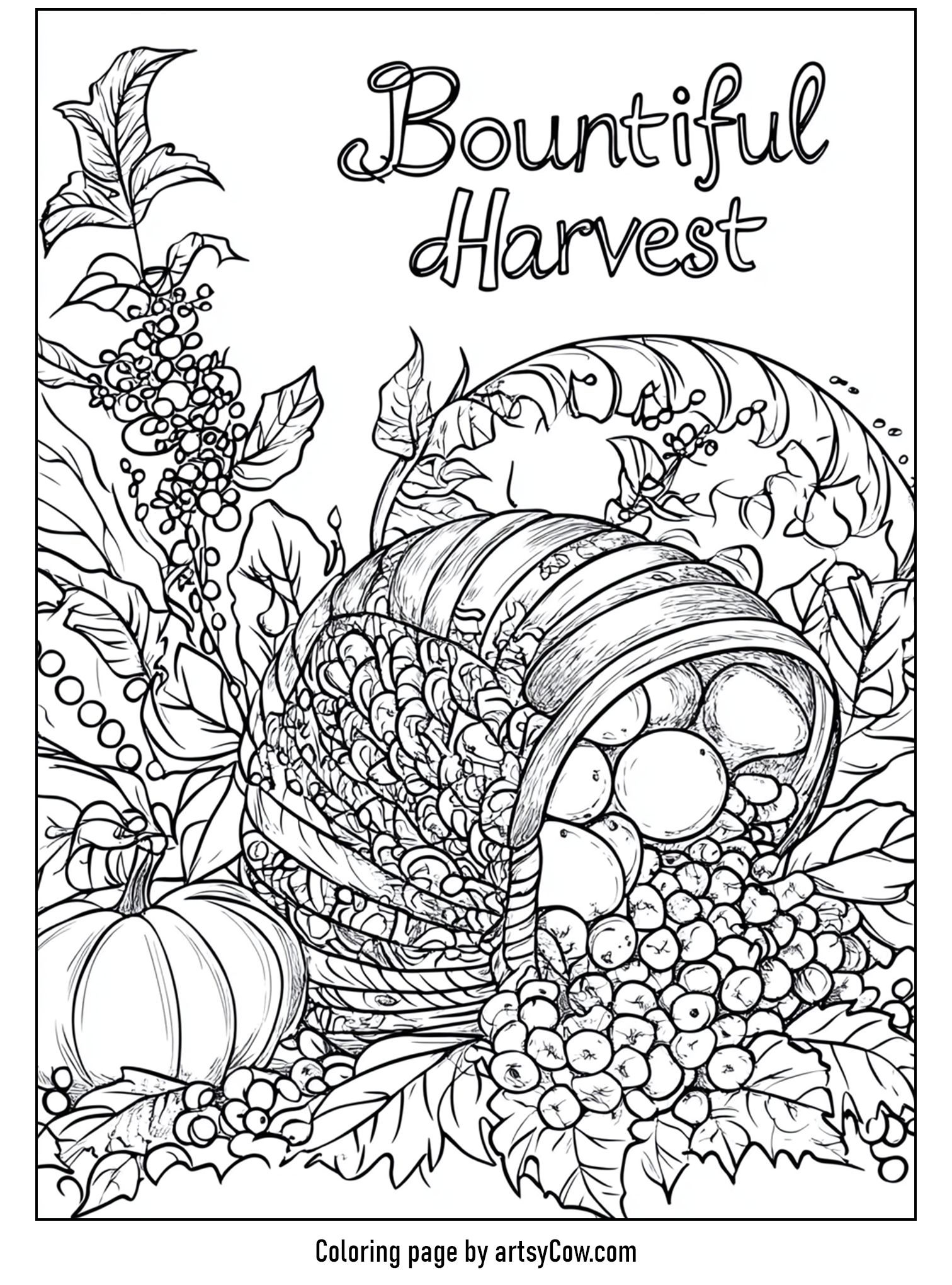 Thanksgiving coloring pages for adults featuring a detailed cornucopia overflowing with fruits, berries, and a pumpkin, labeled 'Bountiful Harvest'.